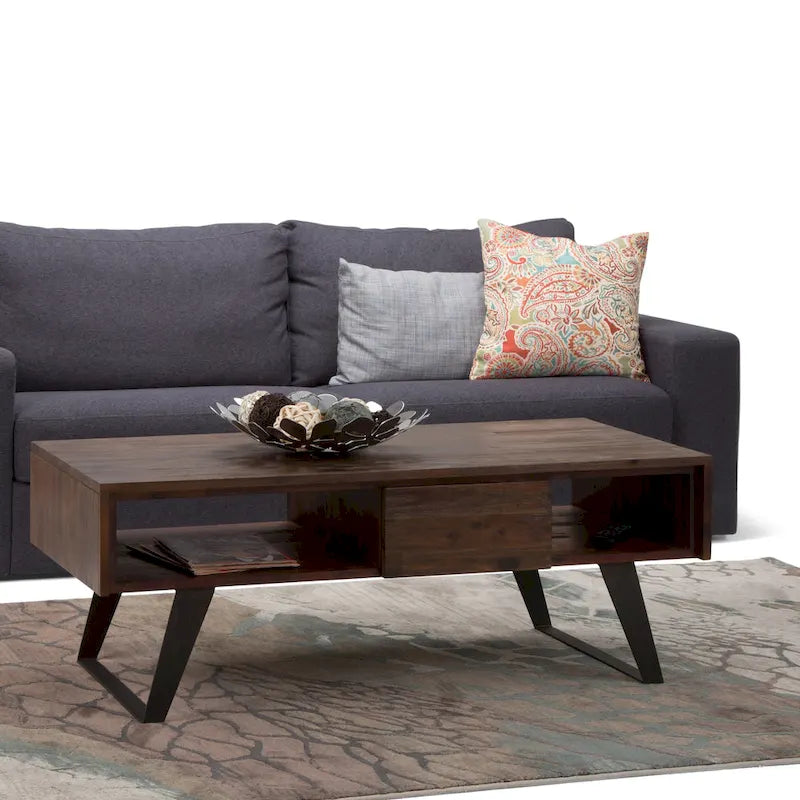 Table basse moderne rectangulaire en BOIS MASSIF et métal de 122 cm de large - 122 L x 56 P x 46 H