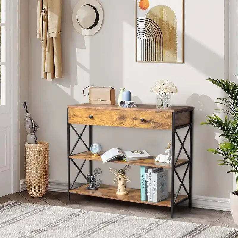 Console d'entrée à 3 niveaux avec tiroir et 2 rangements ouverts