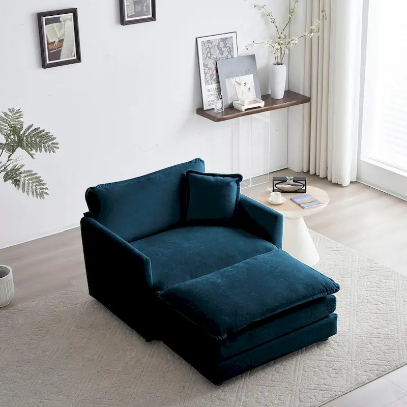 Fauteuil d'appoint moderne avec ottoman, fauteuil de salon en chenille, fauteuil de lecture pour chambre à coucher, chenille bleue