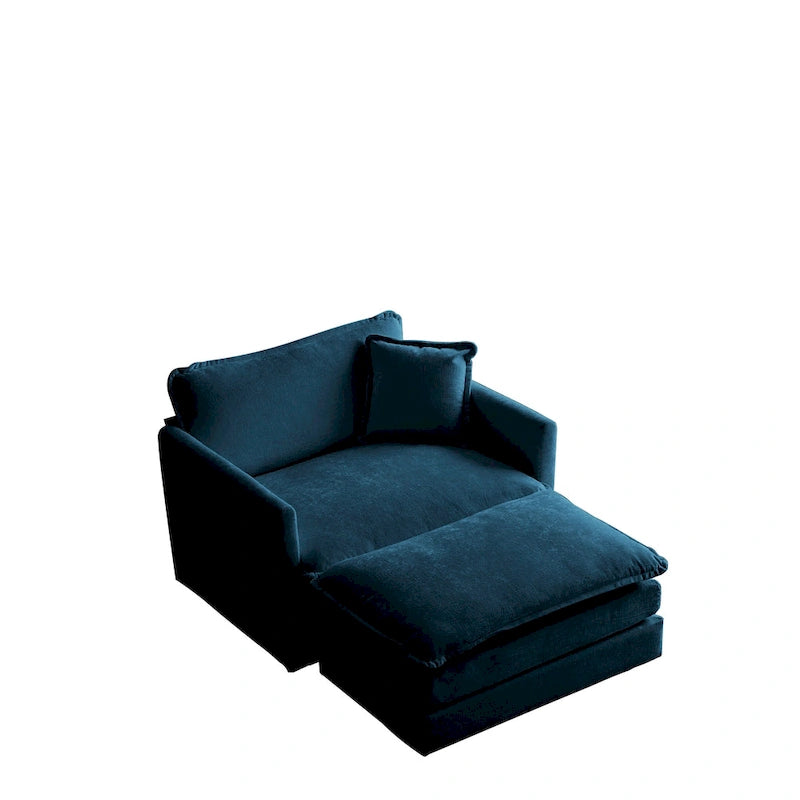 Fauteuil d'appoint moderne avec ottoman, fauteuil de salon en chenille, fauteuil de lecture pour chambre à coucher, chenille bleue