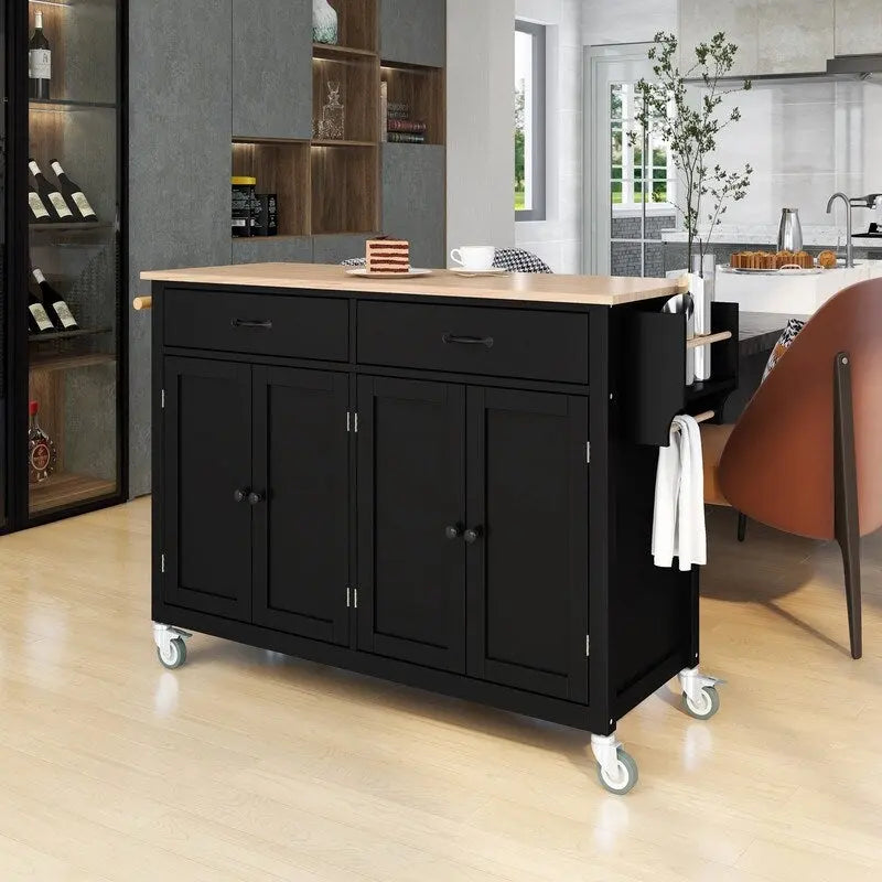 Îlot de cuisine mobile avec plateau en bois massif, 2 tiroirs et porte-serviettes, sur roulettes verrouillables