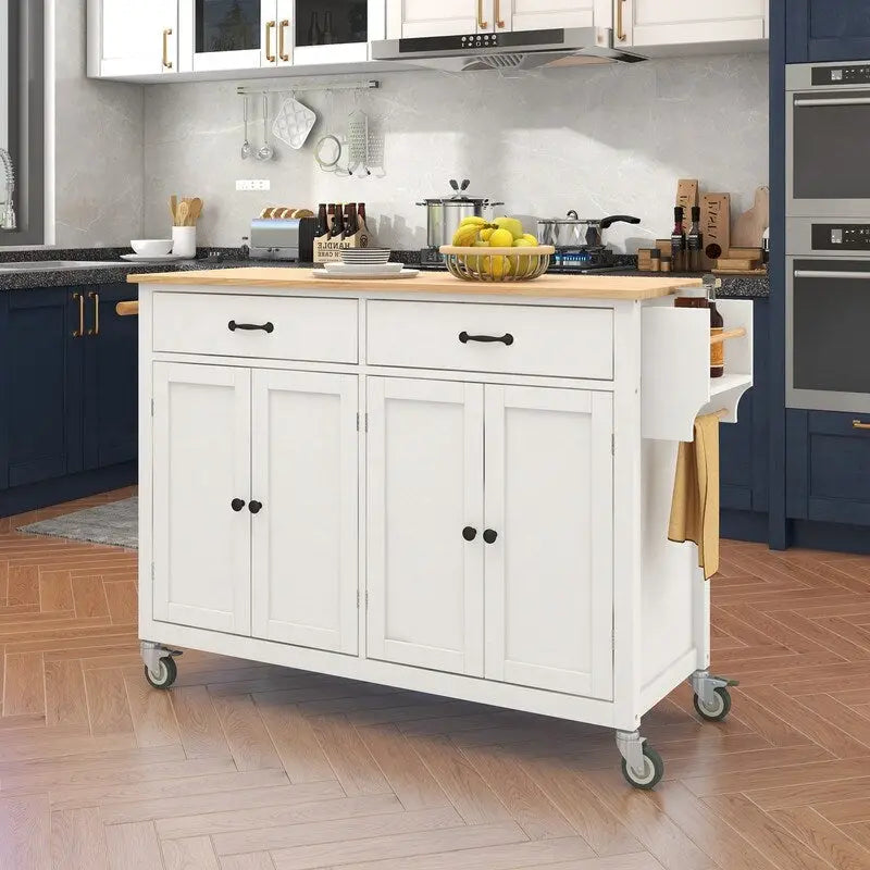 Îlot de cuisine mobile avec plateau en bois massif, 2 tiroirs et porte-serviettes, sur roulettes verrouillables