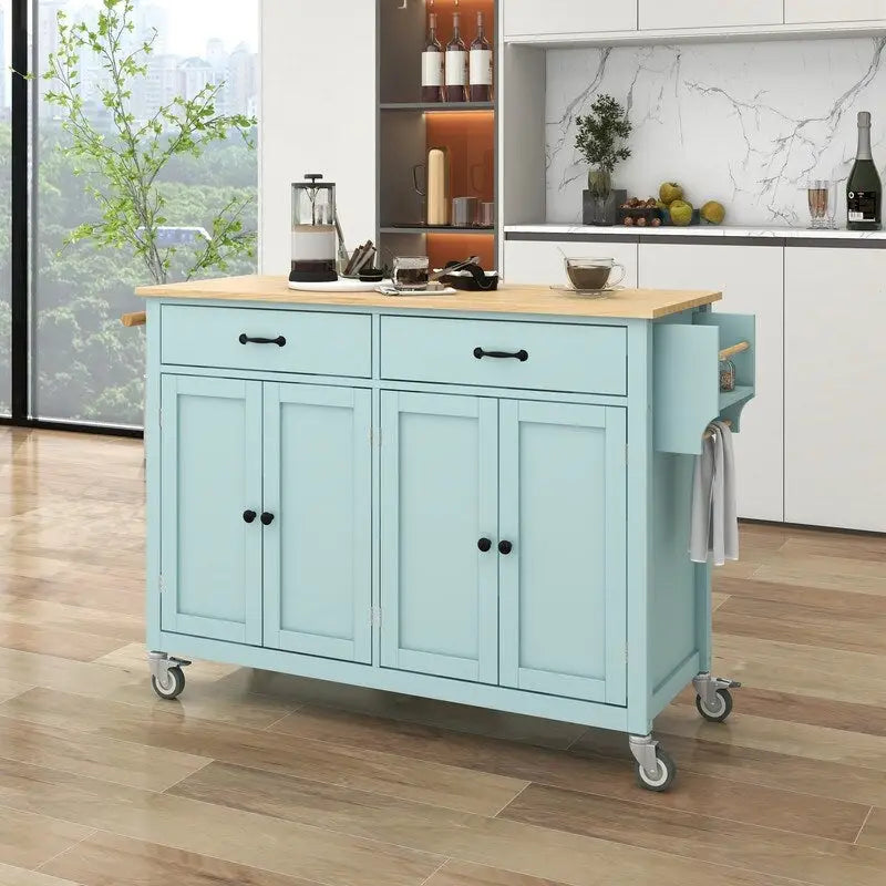 Îlot de cuisine mobile avec plateau en bois massif, 2 tiroirs et porte-serviettes, sur roulettes verrouillables