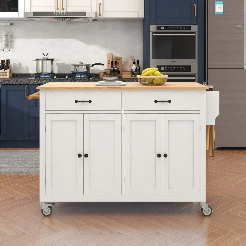 Îlot de cuisine mobile avec plateau en bois massif, 2 tiroirs et porte-serviettes, sur roulettes verrouillables