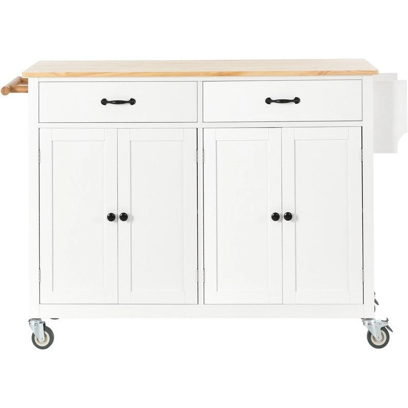 Îlot de cuisine mobile avec plateau en bois massif, 2 tiroirs et porte-serviettes, sur roulettes verrouillables