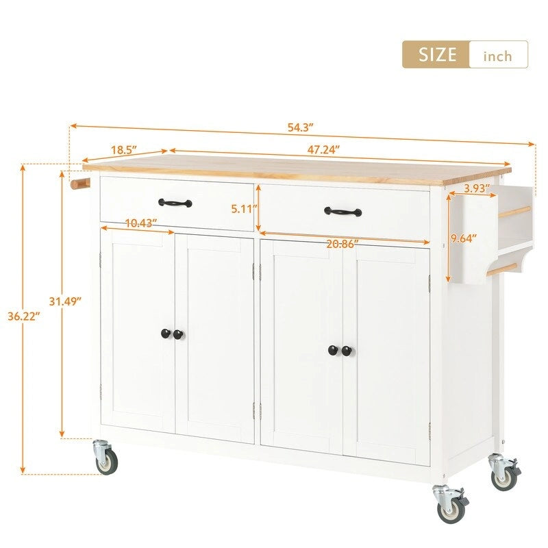 Îlot de cuisine mobile avec plateau en bois massif, 2 tiroirs et porte-serviettes, sur roulettes verrouillables