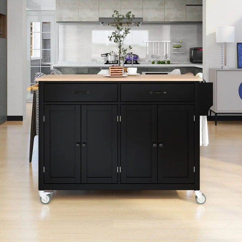 Îlot de cuisine mobile avec plateau en bois massif, 2 tiroirs et porte-serviettes, sur roulettes verrouillables