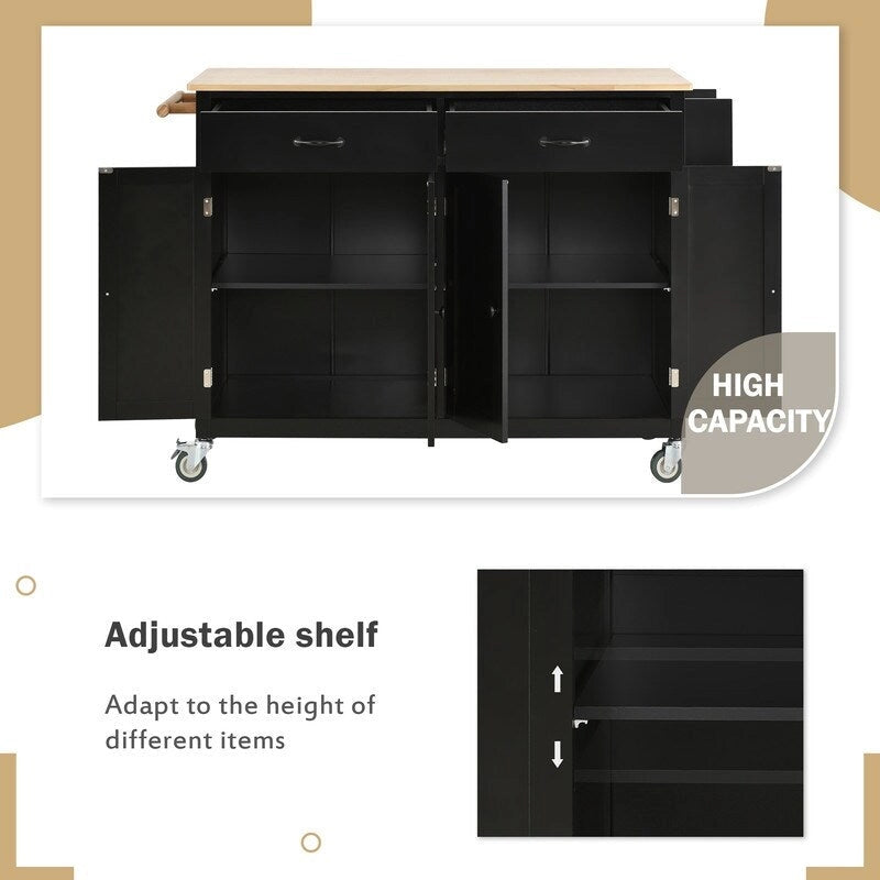 Îlot de cuisine mobile avec plateau en bois massif, 2 tiroirs et porte-serviettes, sur roulettes verrouillables