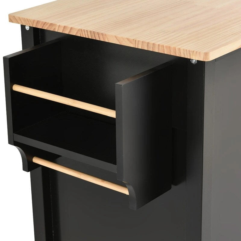 Îlot de cuisine mobile avec plateau en bois massif, 2 tiroirs et porte-serviettes, sur roulettes verrouillables