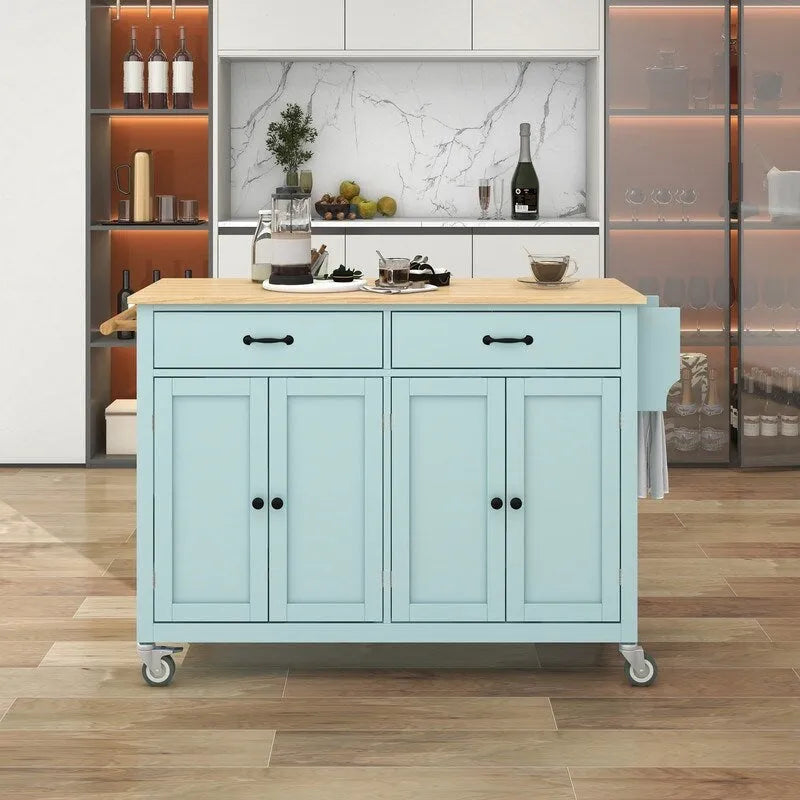 Îlot de cuisine mobile avec plateau en bois massif, 2 tiroirs et porte-serviettes, sur roulettes verrouillables