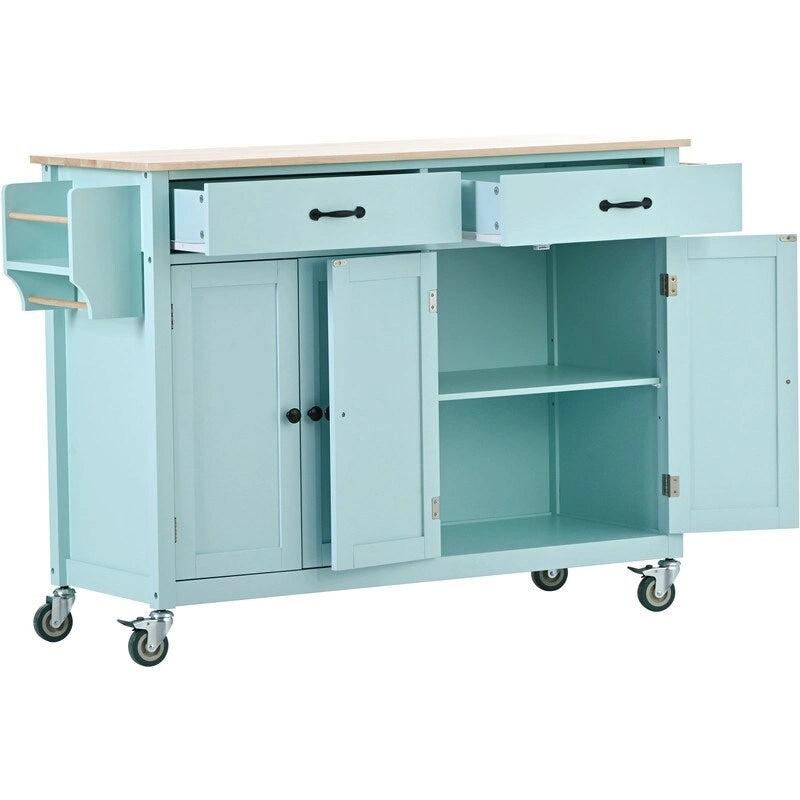 Îlot de cuisine mobile avec plateau en bois massif, 2 tiroirs et porte-serviettes, sur roulettes verrouillables