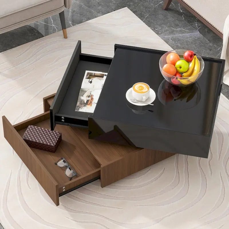 Table basse carrée rotative à 360° avec 2 tiroirs