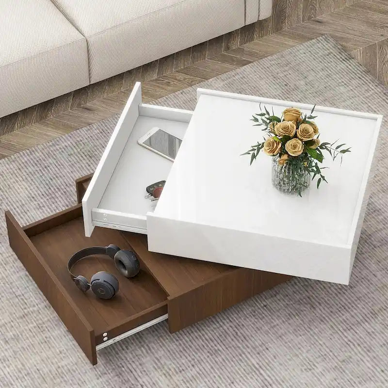 Table basse carrée rotative à 360° avec 2 tiroirs