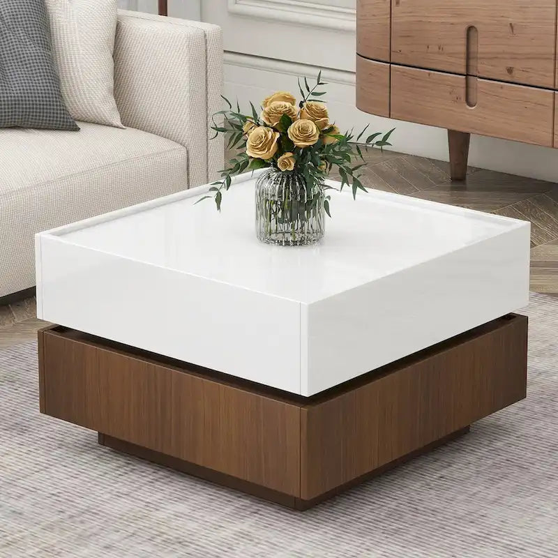 Table basse carrée rotative à 360° avec 2 tiroirs