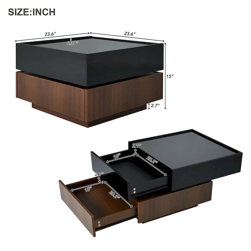 Table basse carrée rotative à 360° avec 2 tiroirs