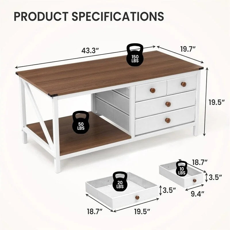 Table basse avec 4 tiroirs de rangement - 50P x 110L x 49,5H