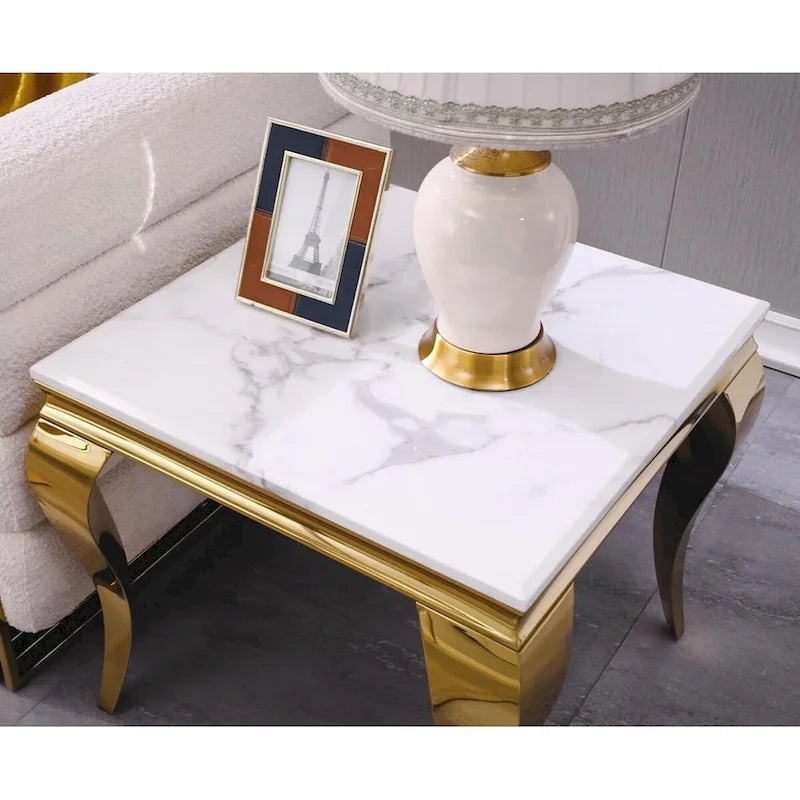 Table d'appoint blanche et or avec pieds cabrioles en or poli