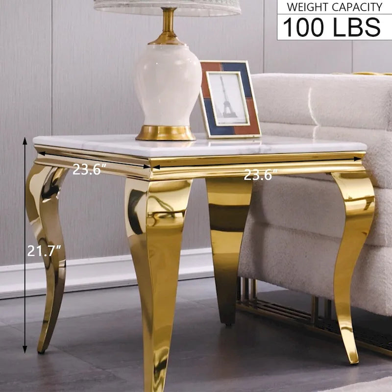 Table d'appoint blanche et or avec pieds cabrioles en or poli