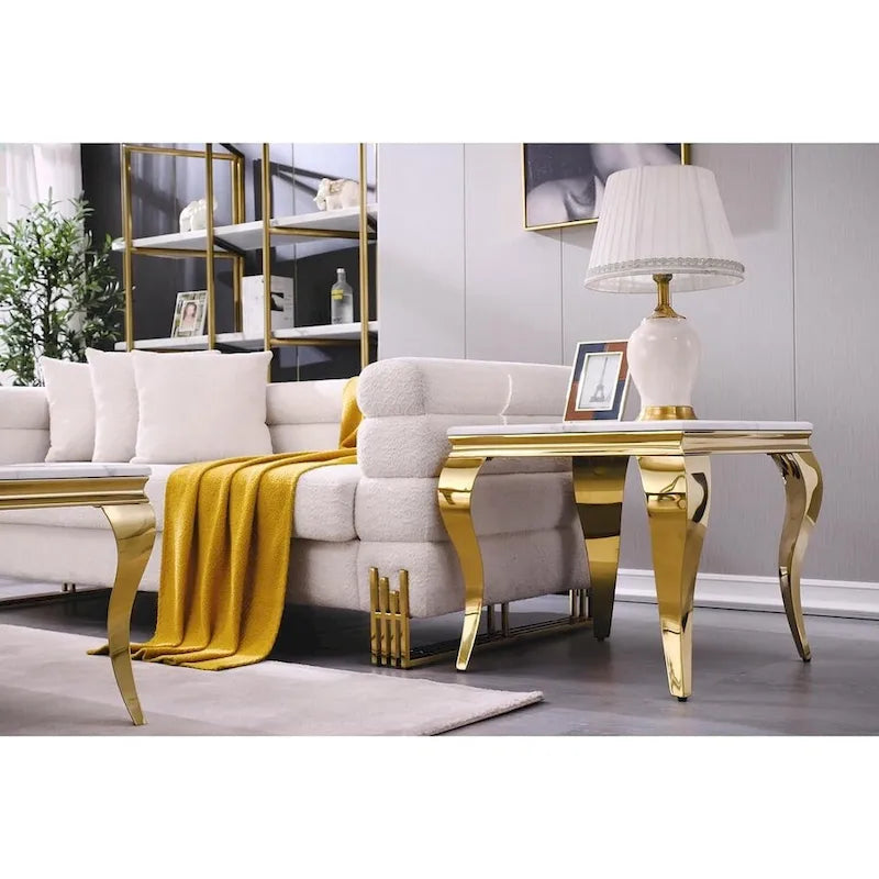 Table d'appoint blanche et or avec pieds cabrioles en or poli