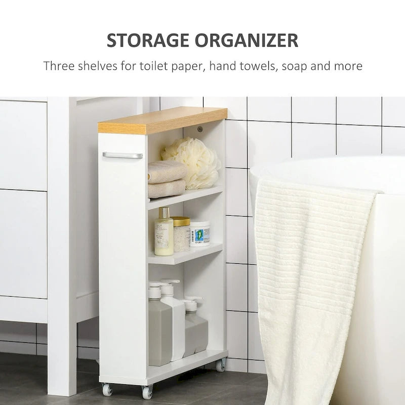 Meuble de salle de bain fin à roulettes avec rangement, Blanc