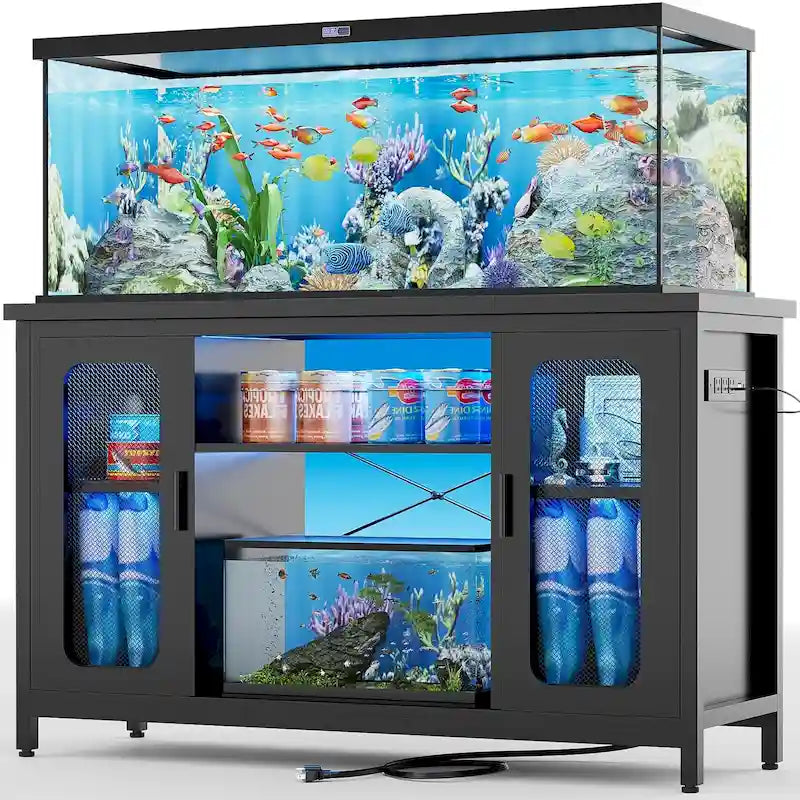 Meuble de support pour aquarium ou terrarium avec prises de courant et éclairage LED