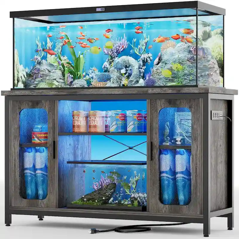Meuble de support pour aquarium ou terrarium avec prises de courant et éclairage LED