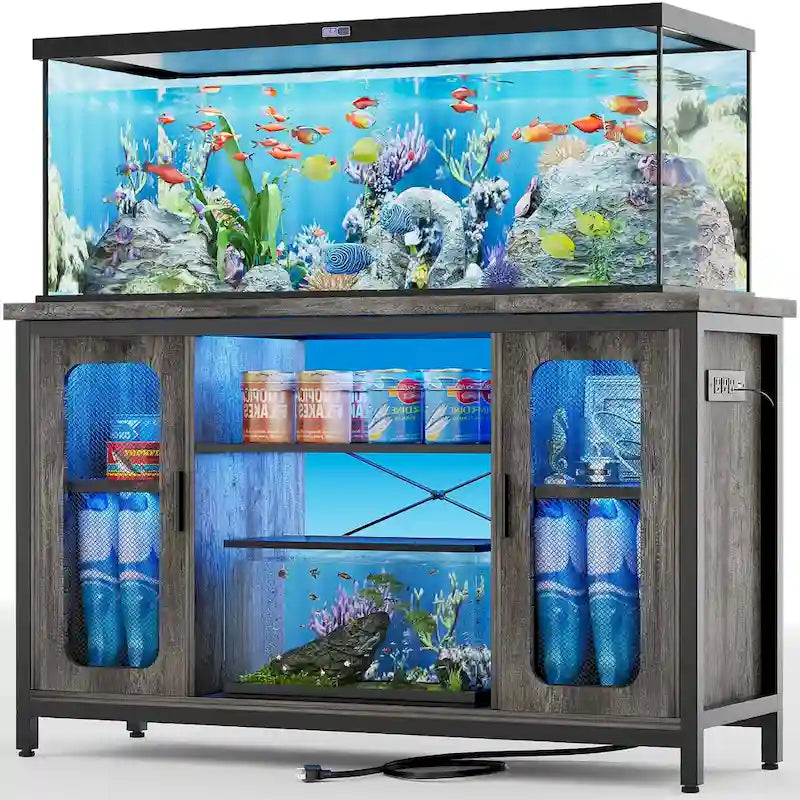 Meuble de support pour aquarium ou terrarium avec prises de courant et éclairage LED