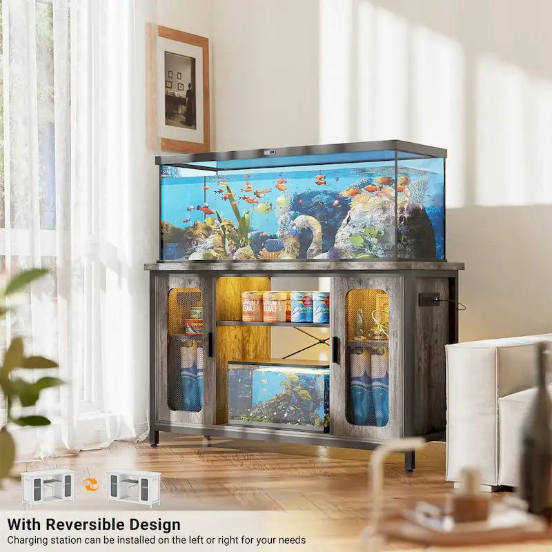 Meuble de support pour aquarium ou terrarium avec prises de courant et éclairage LED