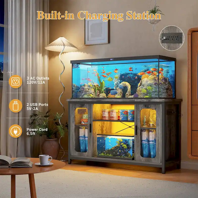 Meuble de support pour aquarium ou terrarium avec prises de courant et éclairage LED