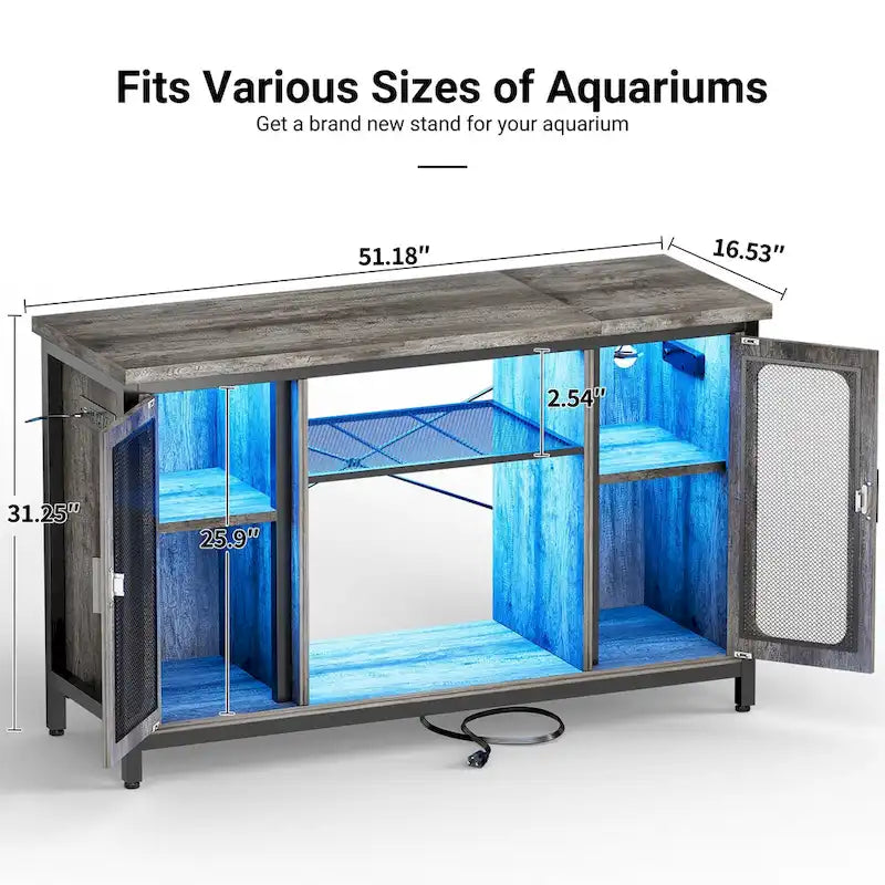 Meuble de support pour aquarium ou terrarium avec prises de courant et éclairage LED