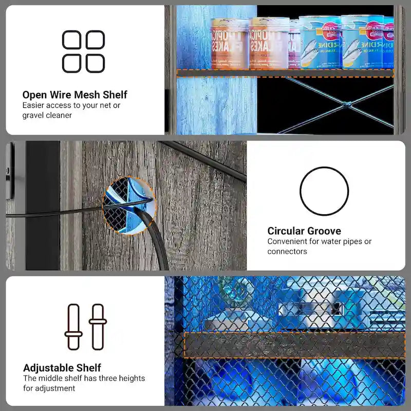 Meuble de support pour aquarium ou terrarium avec prises de courant et éclairage LED
