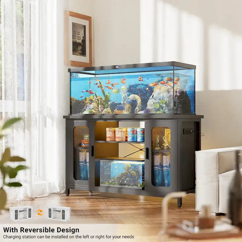 Meuble de support pour aquarium ou terrarium avec prises de courant et éclairage LED