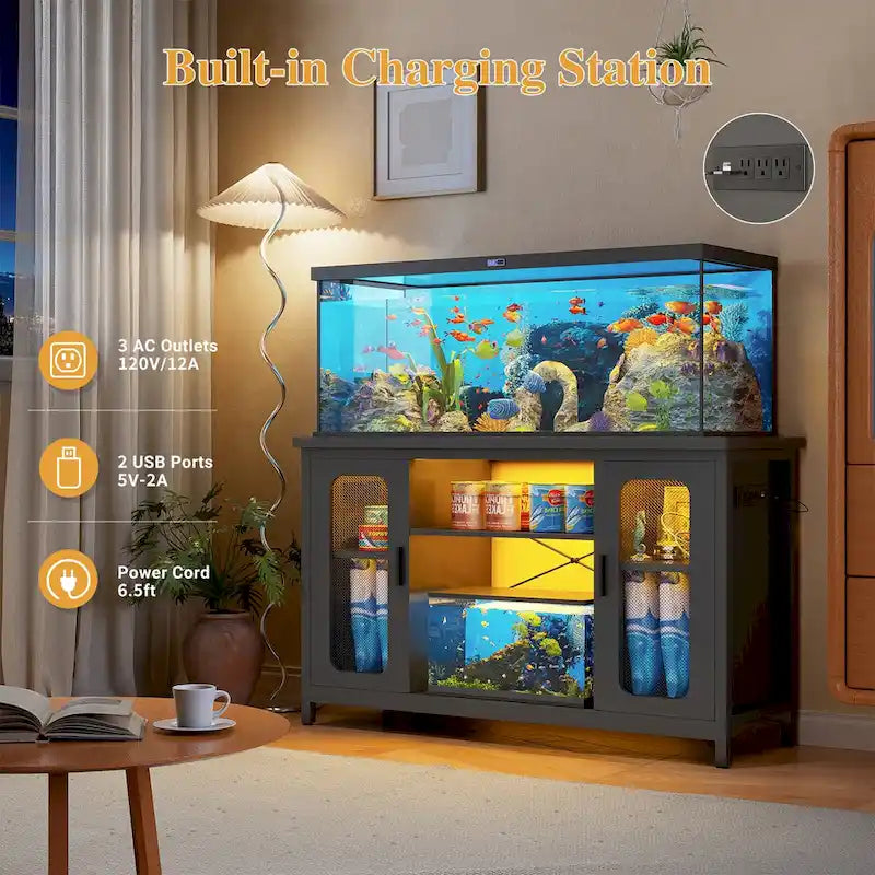 Meuble de support pour aquarium ou terrarium avec prises de courant et éclairage LED