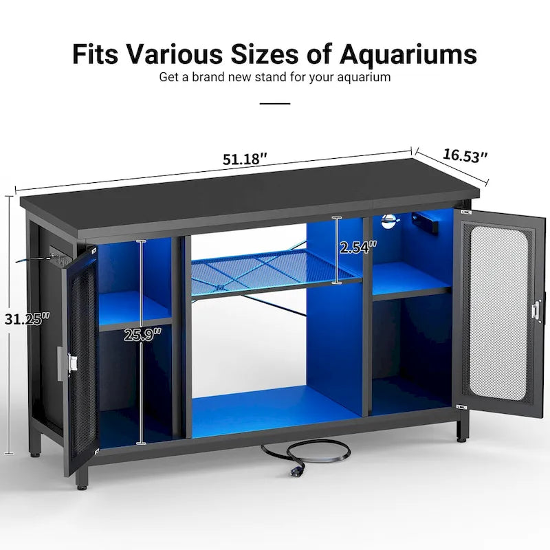 Meuble de support pour aquarium ou terrarium avec prises de courant et éclairage LED