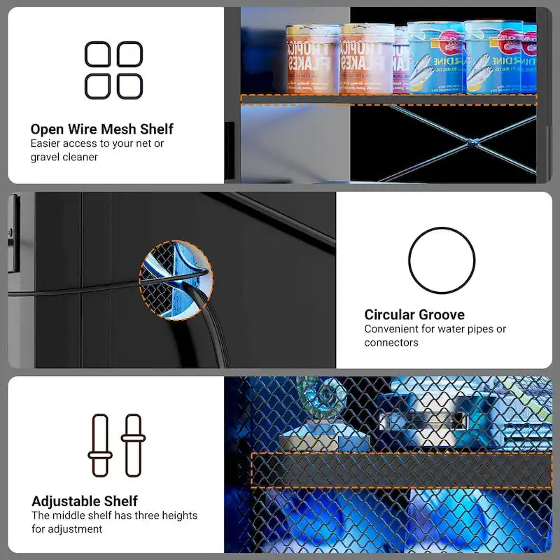 Meuble de support pour aquarium ou terrarium avec prises de courant et éclairage LED