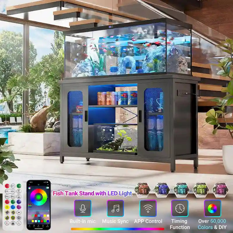 Meuble de support pour aquarium ou terrarium avec prises de courant et éclairage LED